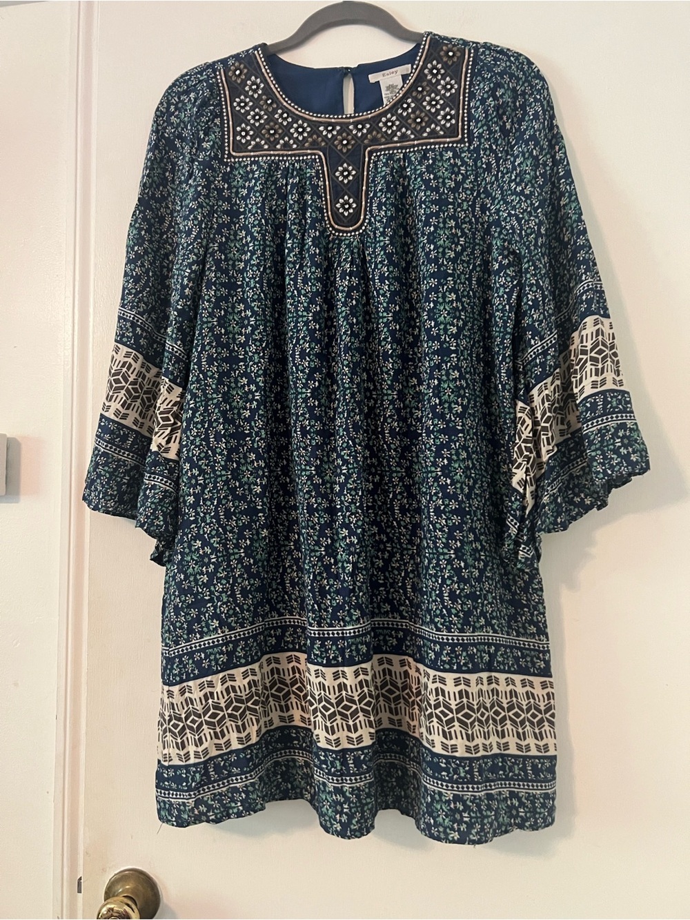 Esley Navy Embroidered Black and Tan Beaded Top/tunic/dress size S (Y100)